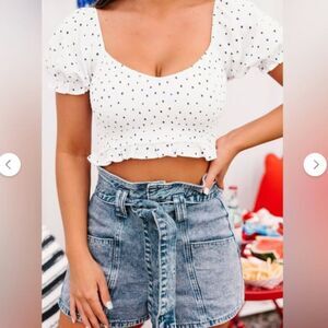 Le Lis High Praise Smocked Short Sleeve Crop Top White with Navy Stars Size S